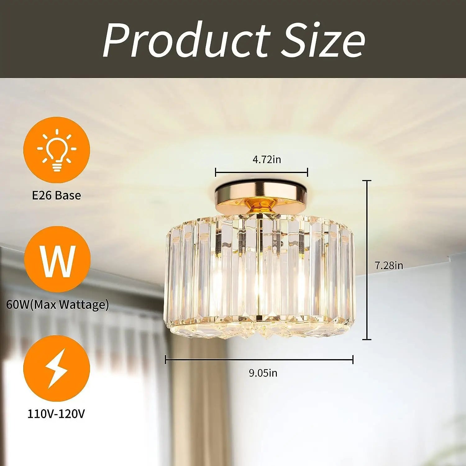 A modern crystal flush mount ceiling light with a rose gold metal base and vertical faceted glass prisms.