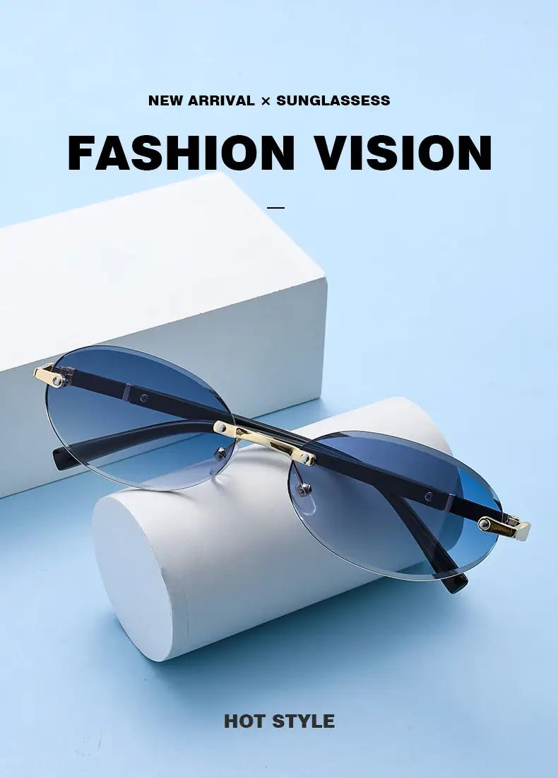 Frameless oval UV400 fashion sunglasses with blue gradient lenses, black frames, and gold-tone metal accents.