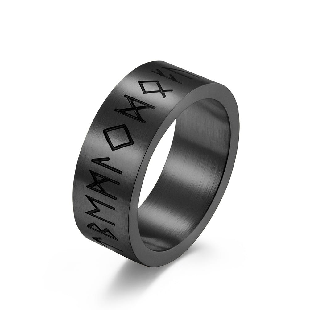 Black stainless steel ring with engraved runic symbols made of titanium steel for men and women.