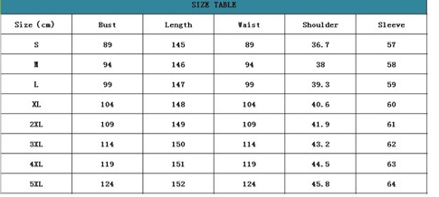Tableau des tailles pour la robe abaya en coton beige à broderie dorée, indiquant les mesures de la poitrine, de la longueur, de la taille, de l’épaule et de la manche en centimètres selon les tailles de S à 5XL.