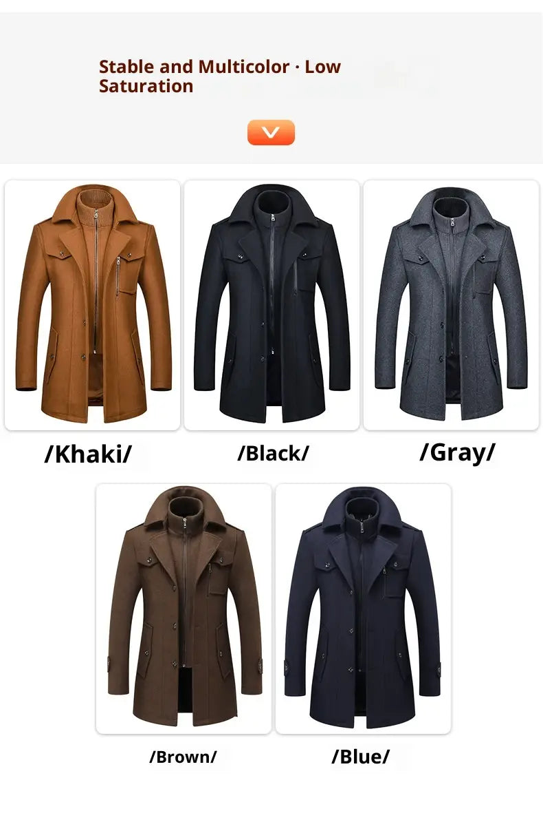 mens wool overcoat double collar winter jacket in multicolor low-saturation khaki black gray brown and blue colors designed for cold weather.
