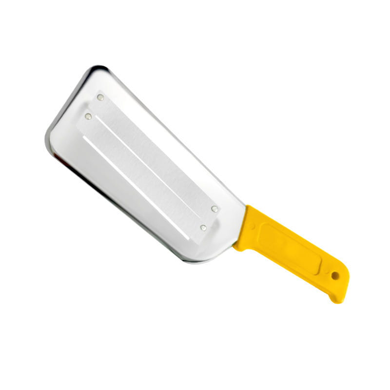 Yellow-handled stainless steel vegetable shredder slicer tool with a rectangular blade and two parallel grooves designed for efficient slicing.