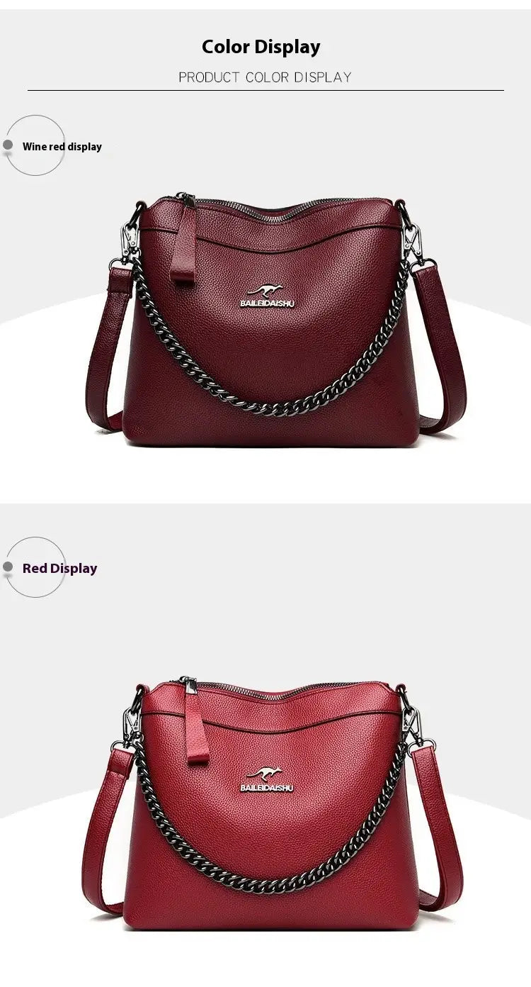 Wine red textured leather crossbody handbag with silver chain strap and visible brand logo.