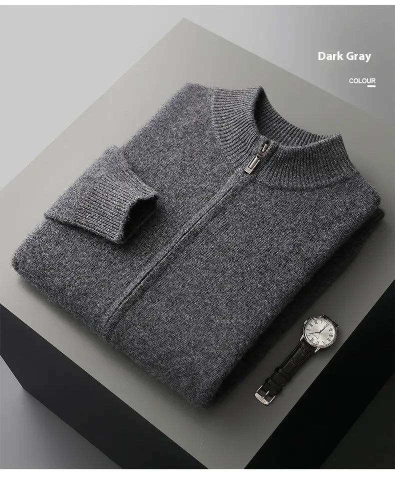 Dark gray knit wool zip-up sweater with ribbed collar and cuffs for men wool cardigan sweatsuit.