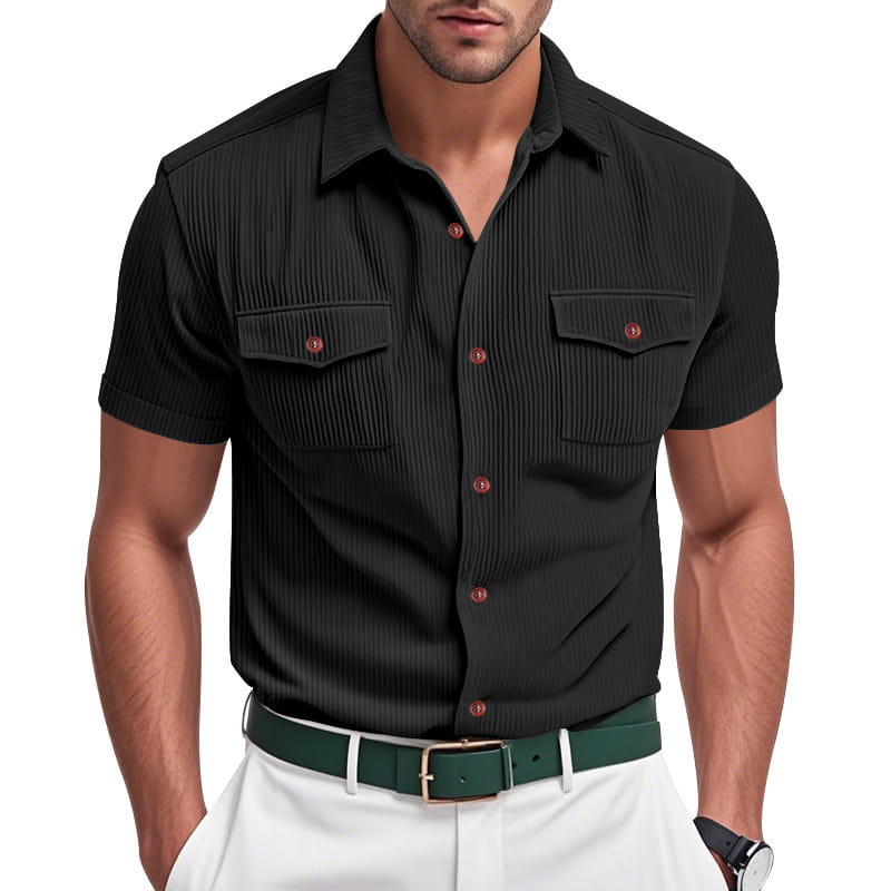 Black short-sleeved loose corduroy workwear shirt with vertical ribbed texture and red buttons.