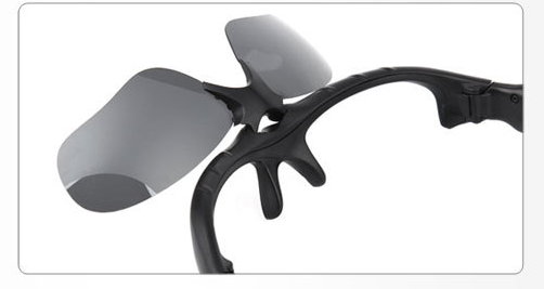 Black plastic clip-on sunglasses with gray tinted lenses featuring smart Bluetooth audio functionality HD camera and microphone.