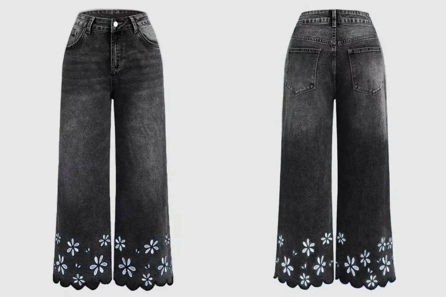 黒色のデニムのワイドレッグパンツ。スカラップ状の裾に白のフラワー刺繍が施されており、フラワー刺繍クロップドデニムジーンズのコレクションからのデザインです。