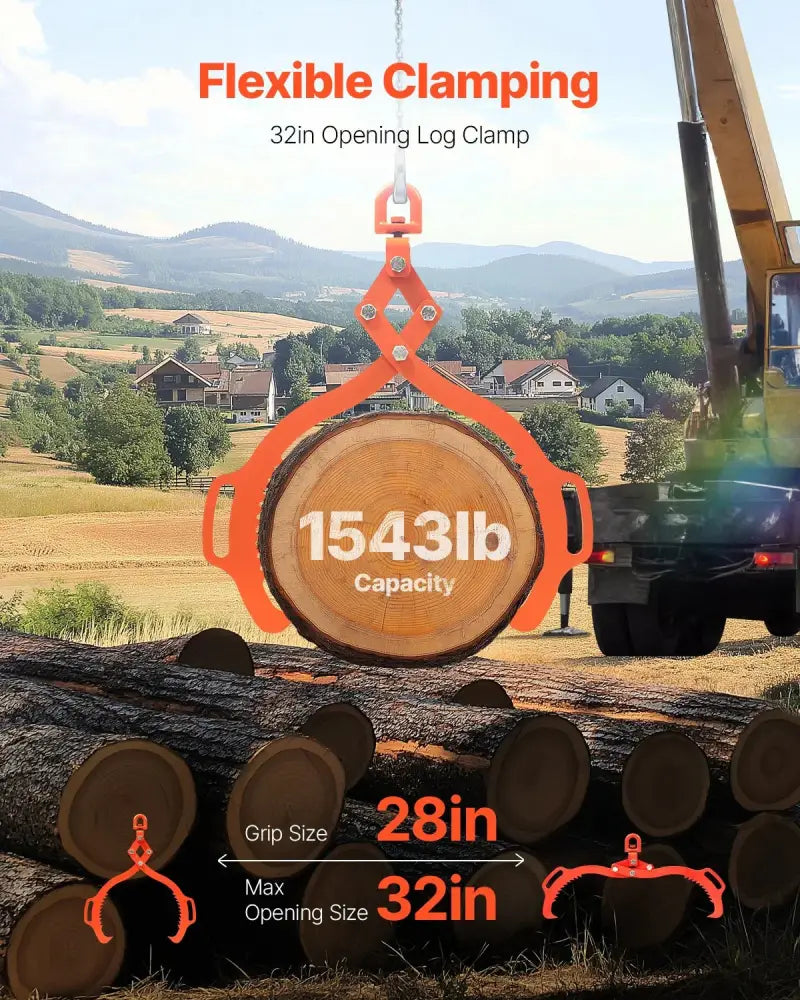 Orange flexible solid steel heavy duty logging tongs with 32 inch opening and 1543 pound capacity for log handling