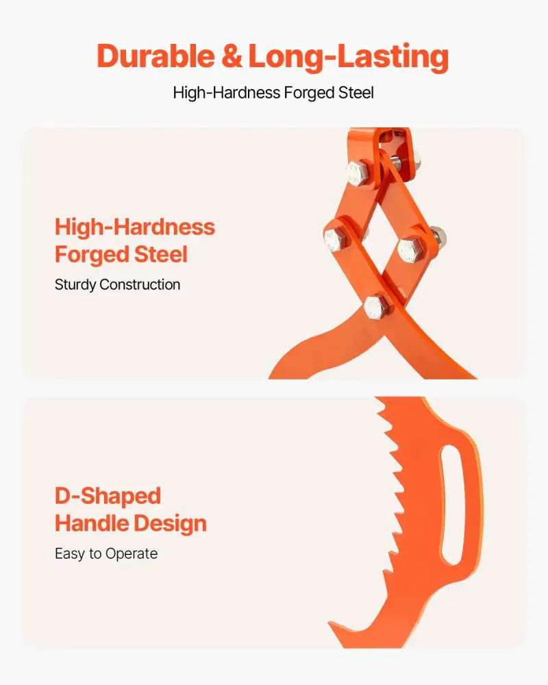 Orange high-hardness forged steel d-shaped handle tree pruner shown with 32 inch solid steel heavy duty logging tongs