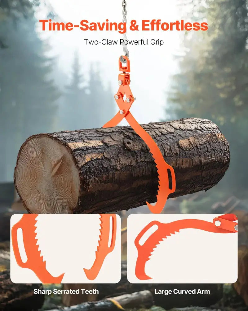 Orange two-claw log gripper with serrated teeth and curved arms 32 inch solid steel heavy duty logging tongs with swivel grapple