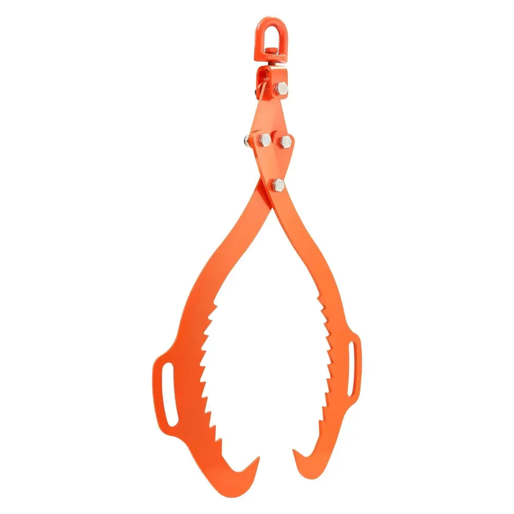 32 inch solid steel heavy duty logging tongs in bright orange with serrated jaws and swivel grapple hook at top