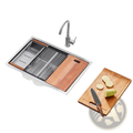 33 inch stainless steel double bowl workstation sink with integrated wooden cutting board and metal rack in stainless steel