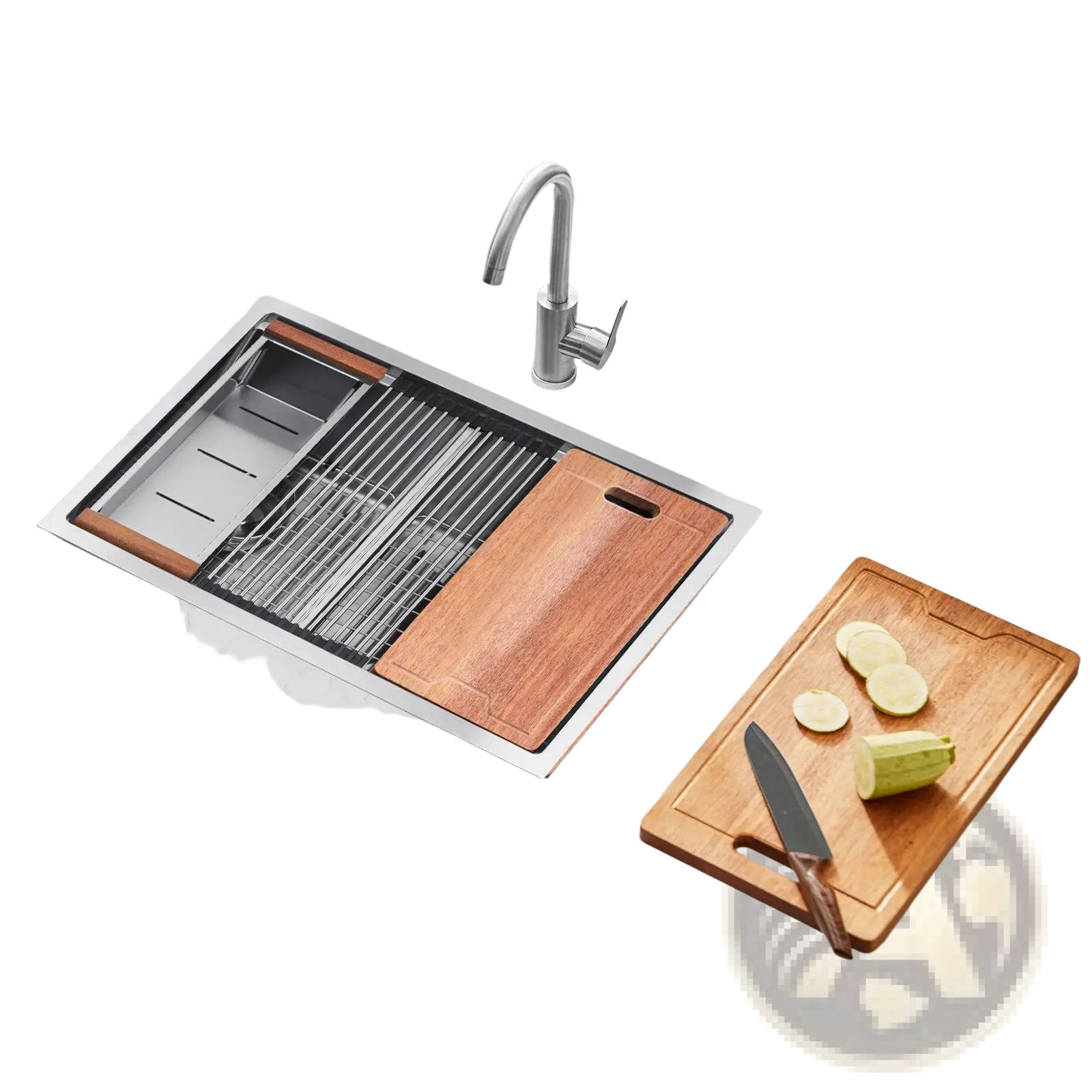 33 inch stainless steel double bowl workstation sink with integrated wooden cutting board and metal rack in stainless steel