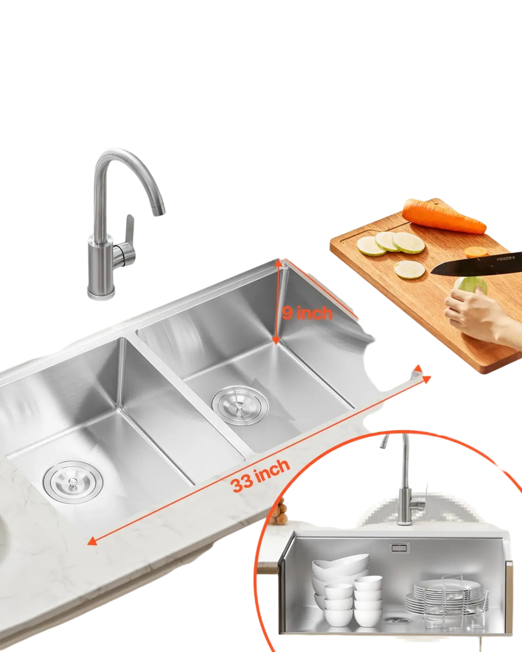 33 inch stainless steel double bowl workstation sink with a sleek modern design and precise measurements