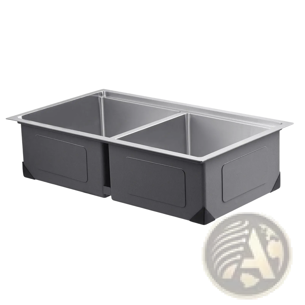 Gray dual-basin stainless steel kitchen sink with sleek modern design in 33 inch double bowl workstation model