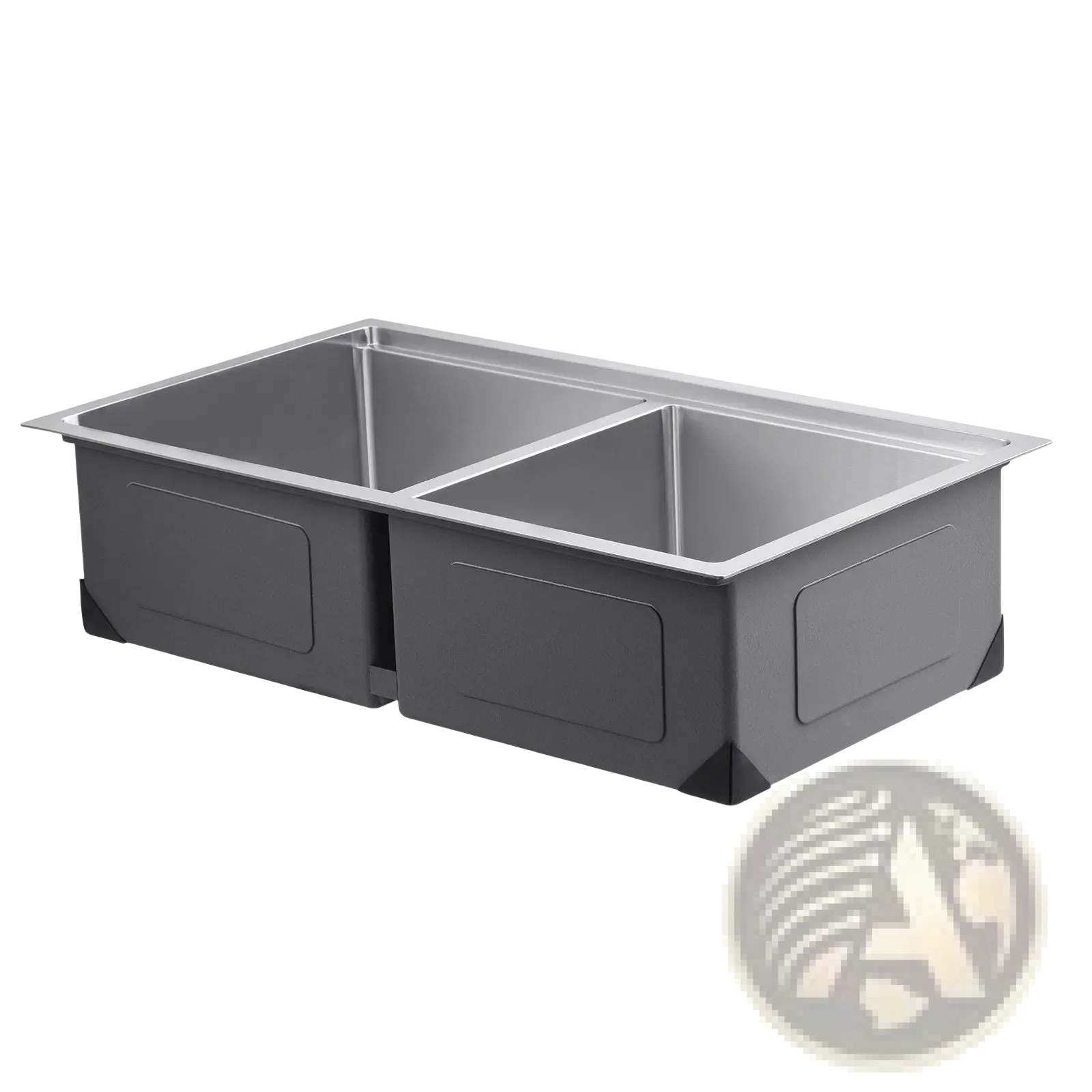 Gray dual-basin stainless steel kitchen sink with sleek modern design in 33 inch double bowl workstation model