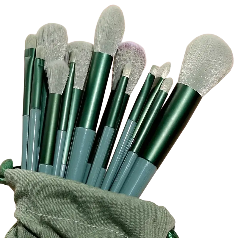 Set of 12 green and gray makeup brushes with soft nylon bristle brush material in a 33-piece makeup brush and sponge set