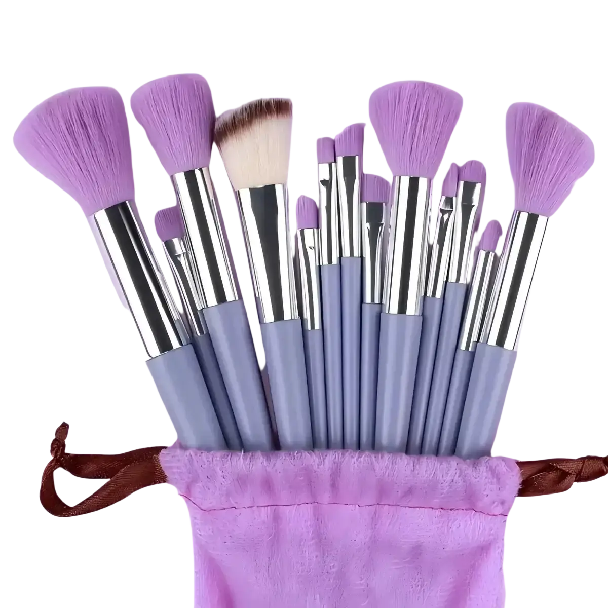 A set of 15 lavender synthetic bristle makeup brushes with light blue handles in a purple velvet pouch highlighting brush material