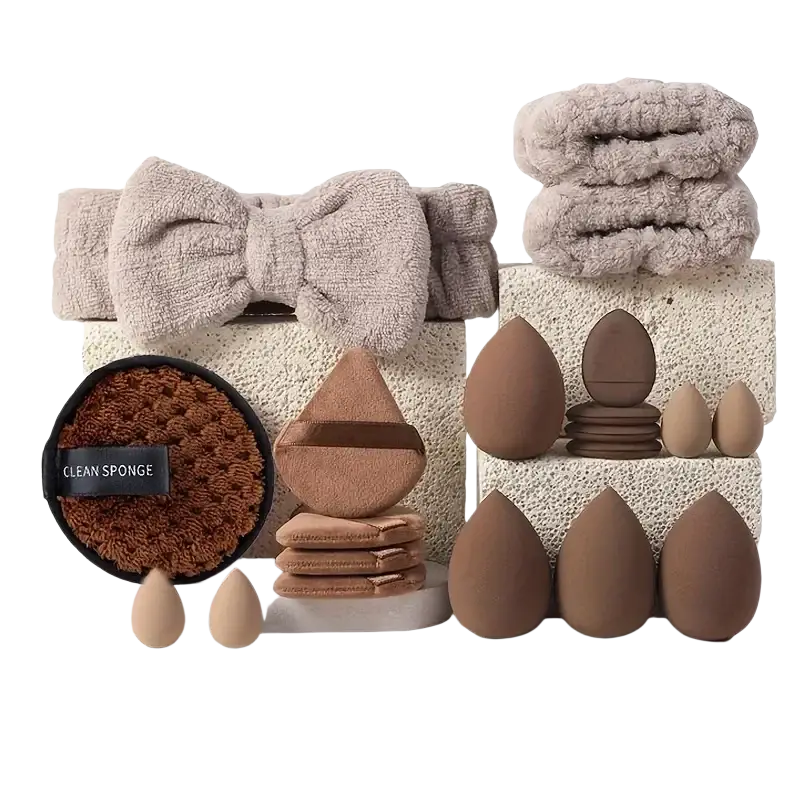 Set of 20 beige and brown makeup sponges with nylon bristles brush material including teardrop, triangular, and circular shapes