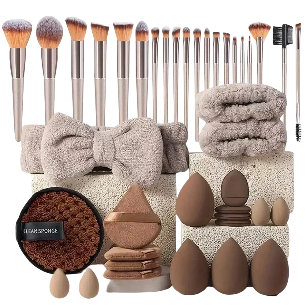 33-piece makeup brush and sponge set with silver nylon brush material, natural bristles, beige scrunchies, and brown sponges