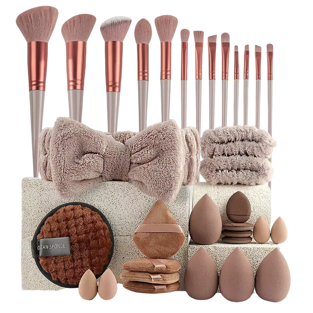 Set of 33-piece makeup brush and sponge set featuring rose gold and silver nylon bristles with cleaning sponge and bow headband