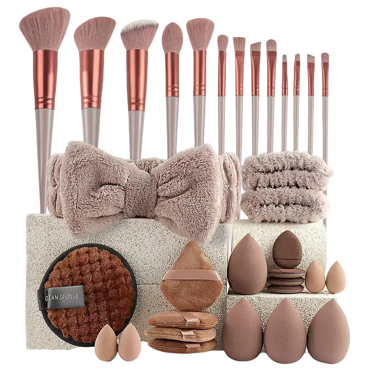 Set of 33-piece makeup brush and sponge set featuring rose gold and silver nylon bristles with cleaning sponge and bow headband