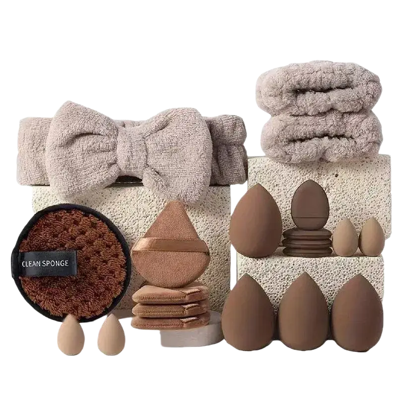 Beige plush bow headband made of soft textured fabric shown alongside a 33-piece makeup brush and sponge set with nylon bristles