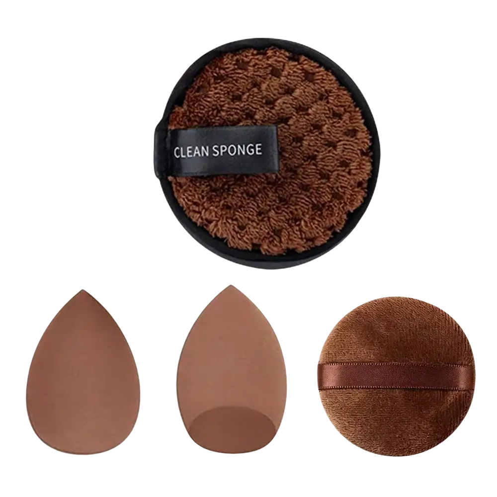 Brown textured cleaning sponge with black circular case and strap in 33-piece makeup brush and sponge set with nylon bristles brush material