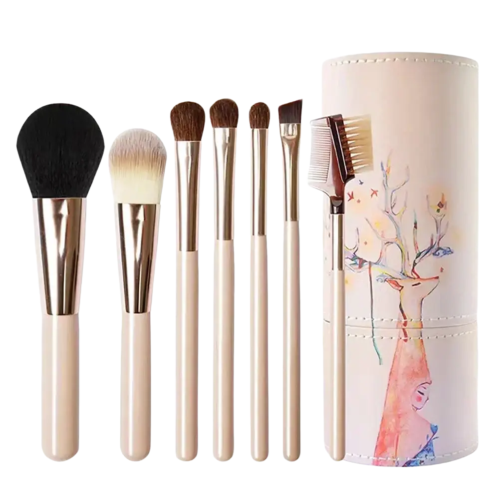 Fireflies 33-piece makeup brush and sponge set with nylon bristles features beige handles, rose gold ferrules, and watercolor deer case