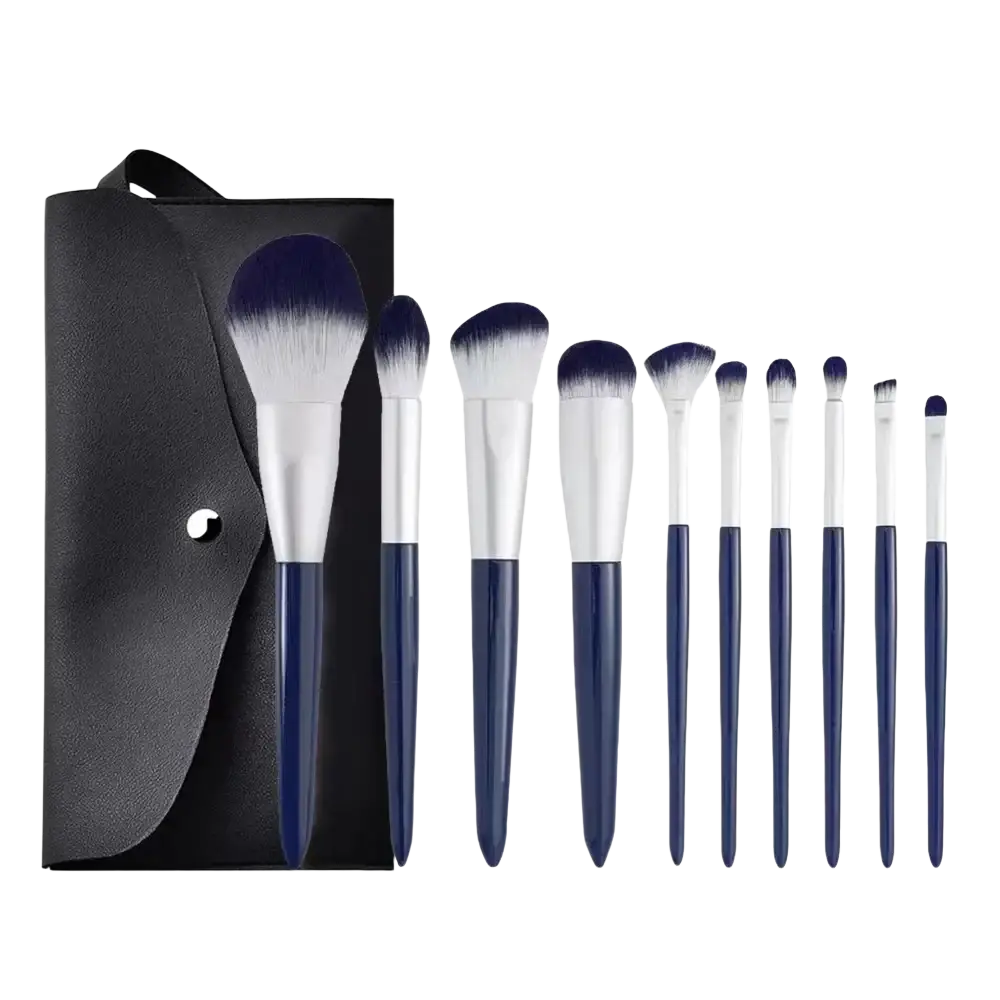 Navy blue and white 33-piece makeup brush and sponge set with nylon bristles and black leather case brush material