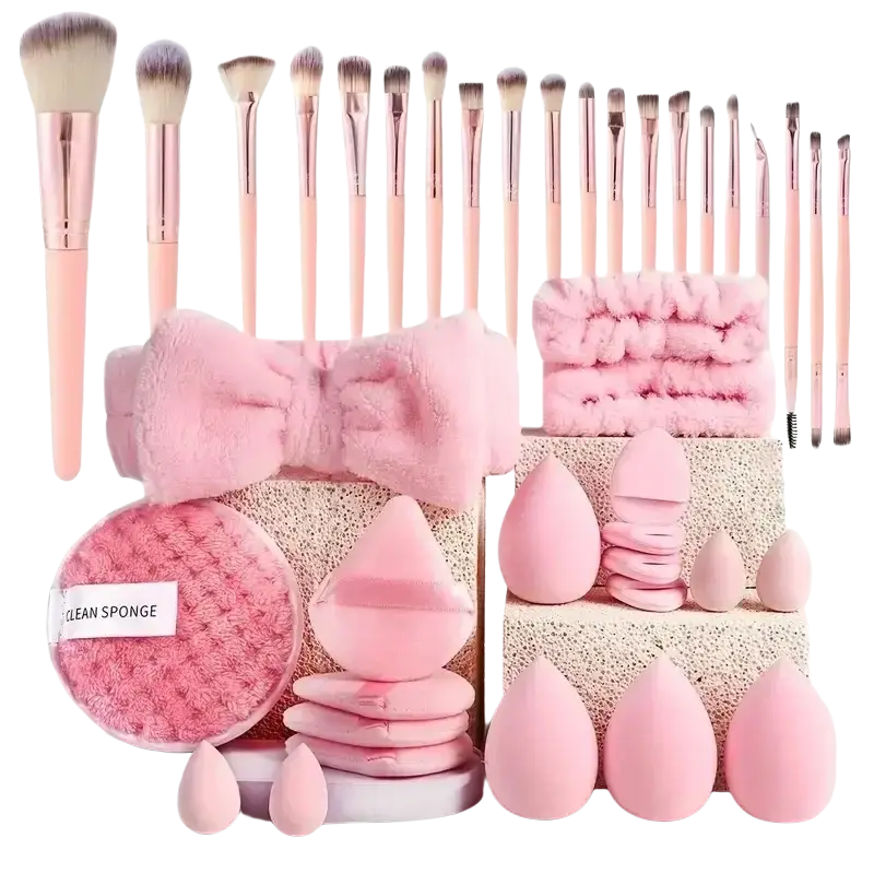 33-piece pink makeup brush and sponge set with nylon bristles and rose gold ferrules featuring soft brush material