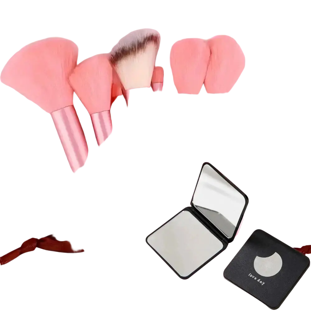 33-piece makeup brush and sponge set in pink with metallic rose gold accents and soft nylon bristle brush material