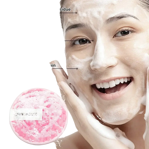 Pink circular facial cleansing sponge with clean sponge label included in 33-piece makeup brush and sponge set with nylon bristles brush material