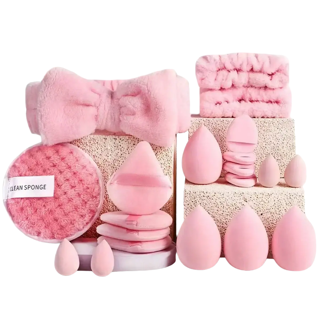 Pink fluffy makeup sponge set with nylon bristle brush material matching bow headband and textured cleaning pad