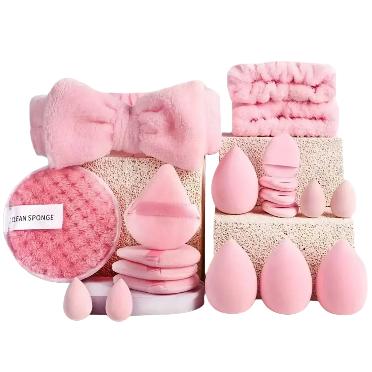 Pink fluffy makeup sponge set with nylon bristle brush material matching bow headband and textured cleaning pad