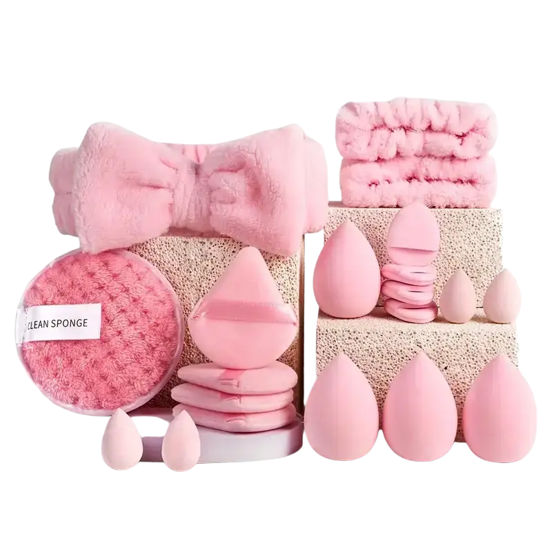 Pink fluffy bow headband with soft plush texture shown with 33-piece makeup brush and sponge set featuring nylon bristles brush material