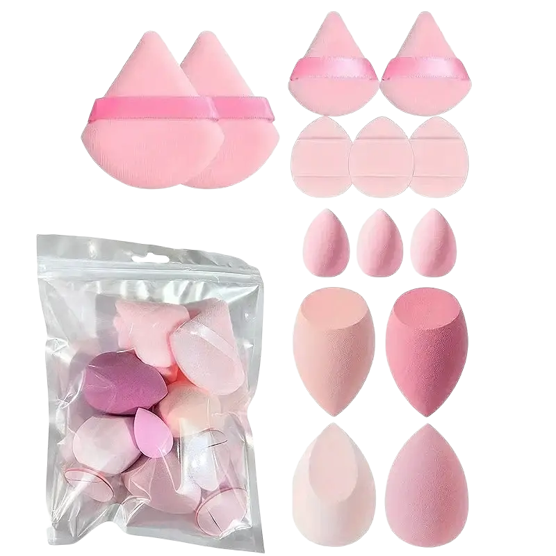 Set of pink and nude silicone makeup sponges in teardrop and oval shapes with nylon bristles brush material
