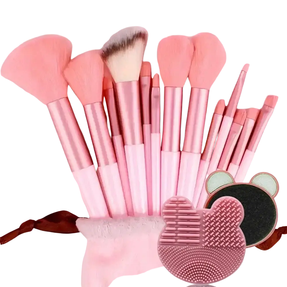 Pink and rose gold 33-piece makeup brush and sponge set with nylon bristles and matching bunny-shaped cleansing tool