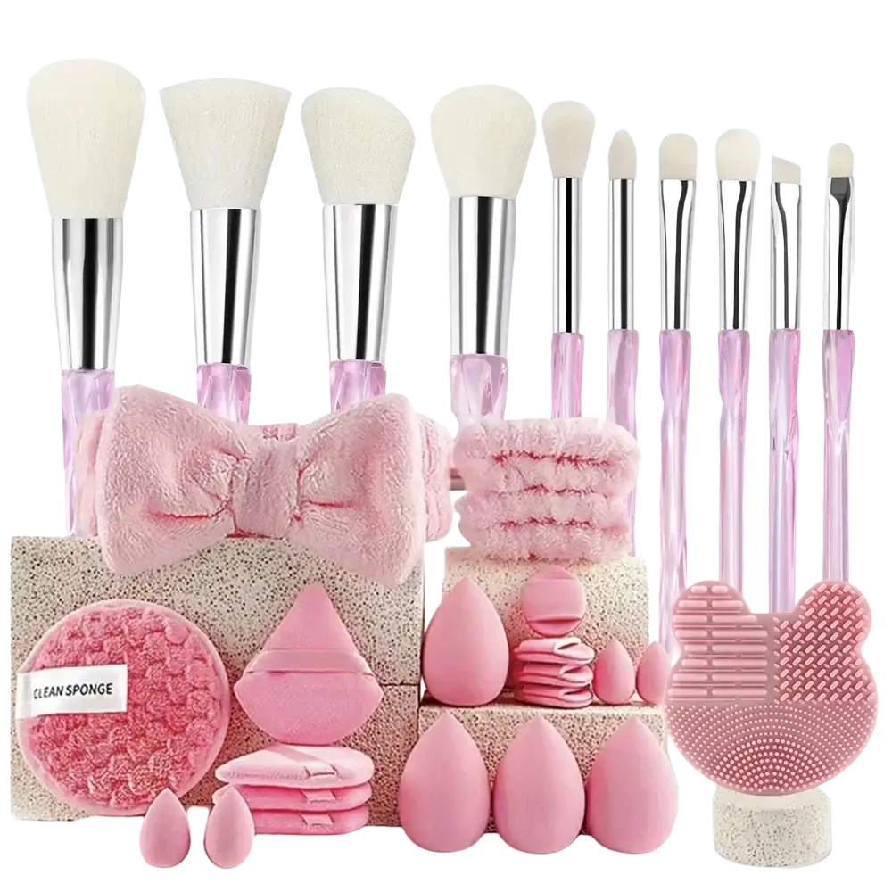 Pink silicone 33-piece makeup brush and sponge set with silver ferrules and nylon brush material handles