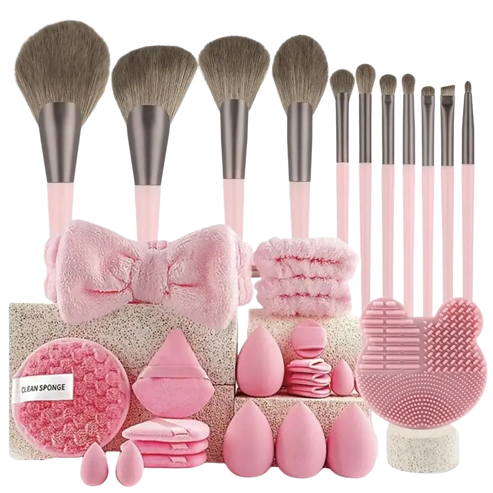 Pink silicone 33-piece makeup brush and sponge set with soft nylon bristle brush material and matching handles