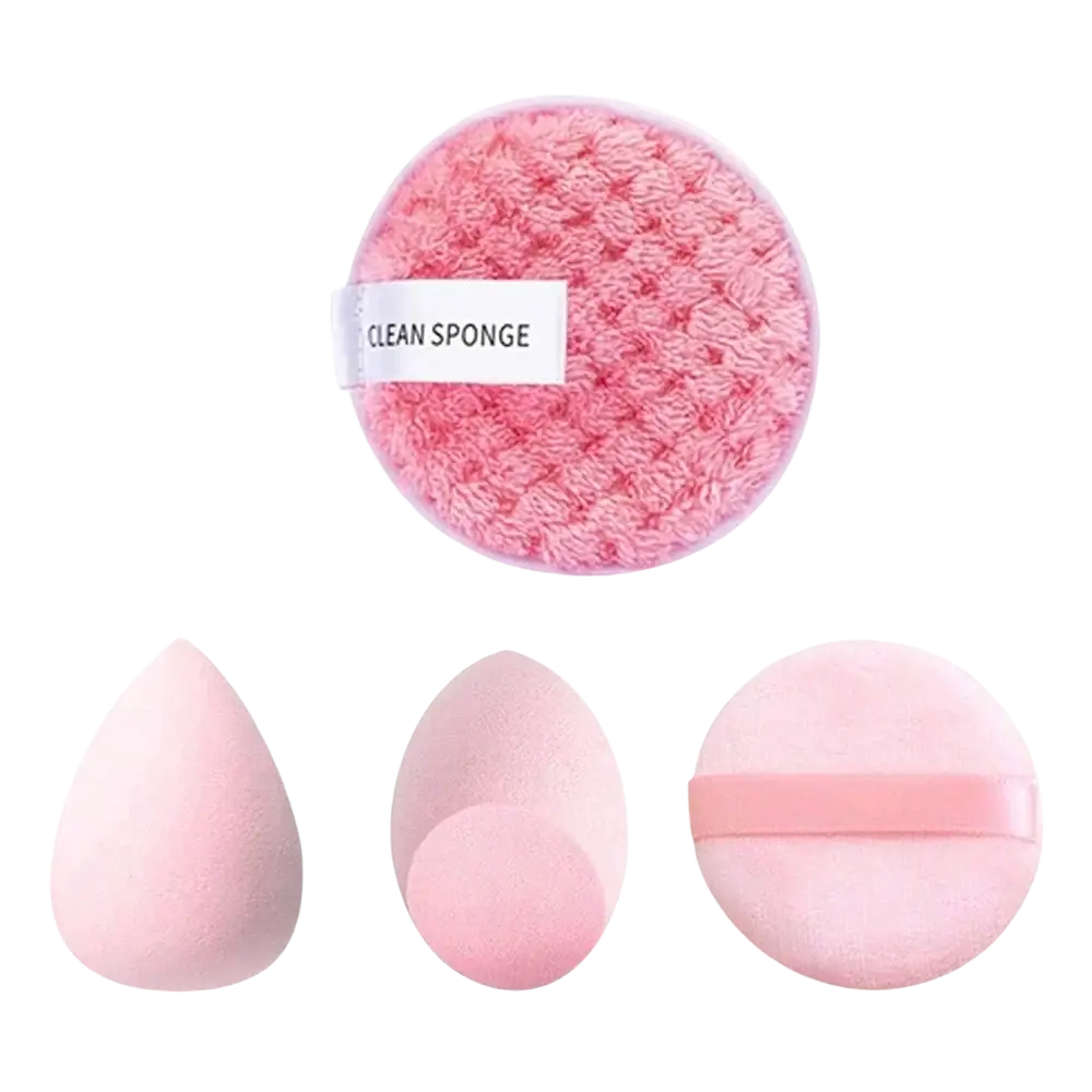 Pink textured circular cleaning sponge in clear container with clean sponge label from 33-piece makeup brush and sponge set with nylon bristles and brush material