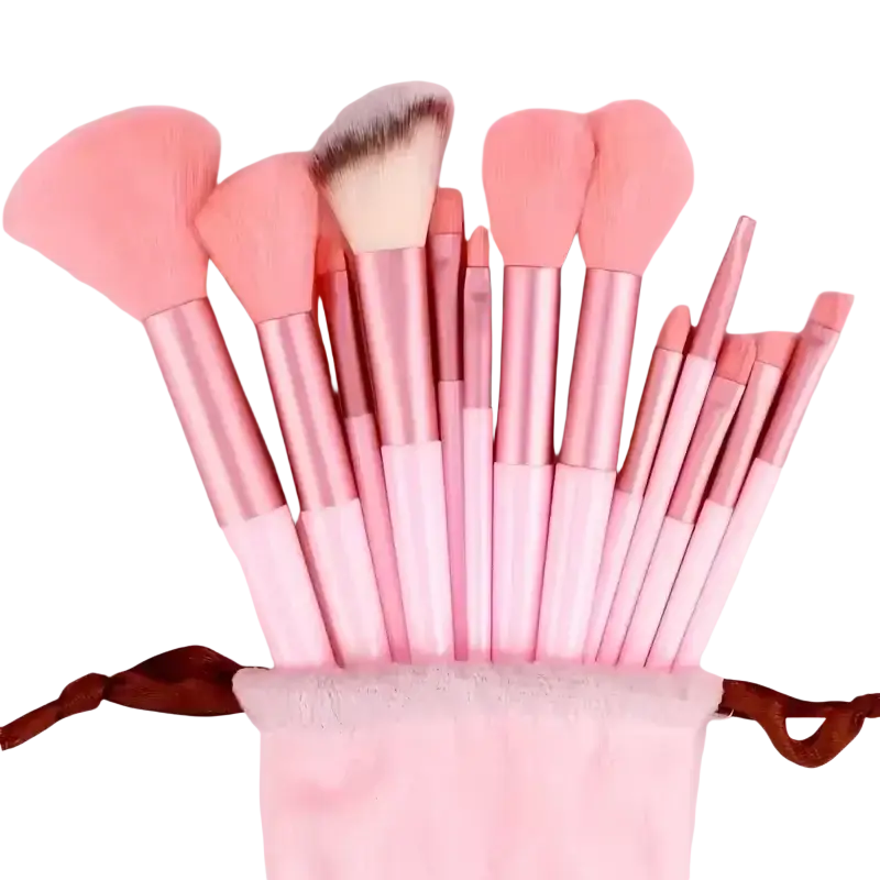 A 33-piece makeup brush and sponge set with pink and white nylon bristle brushes arranged in a fan display