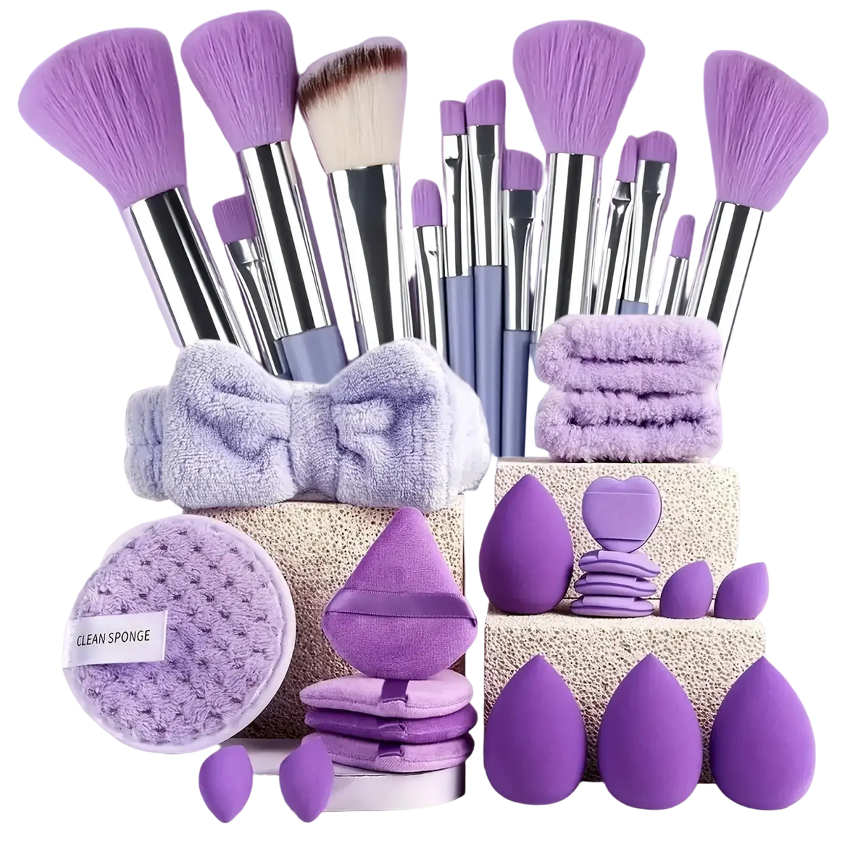 33-piece makeup brush and sponge set with nylon bristles in purple featuring silver ferrules and matching headband