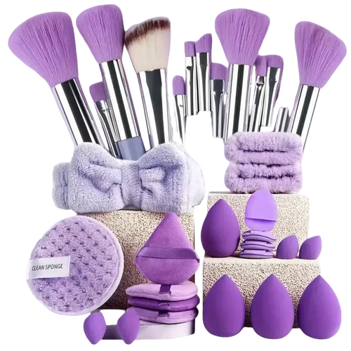 A 33-piece makeup brush and sponge set with nylon bristles featuring purple brushes with silver and blue handles and lavender sponges