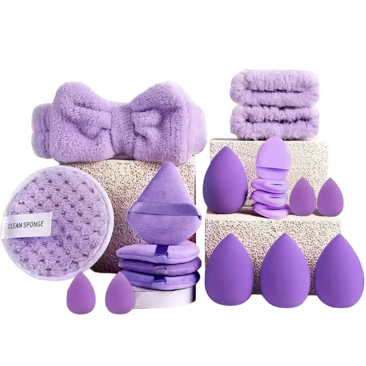 Purple plush makeup sponge set with various shapes featuring brush material nylon bristles for flawless application