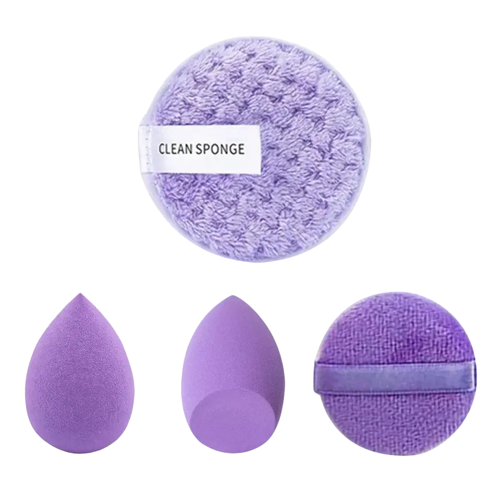 33-piece makeup brush and sponge set with purple nylon bristle brushes and matching cleaning sponge in clear container