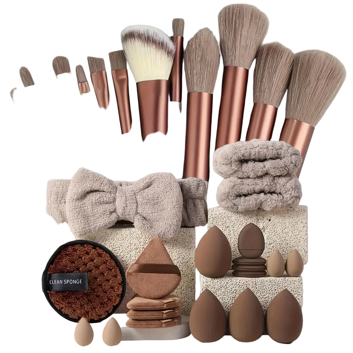33-piece makeup brush and sponge set with rose gold and gray nylon bristles neatly arranged in a decorative container