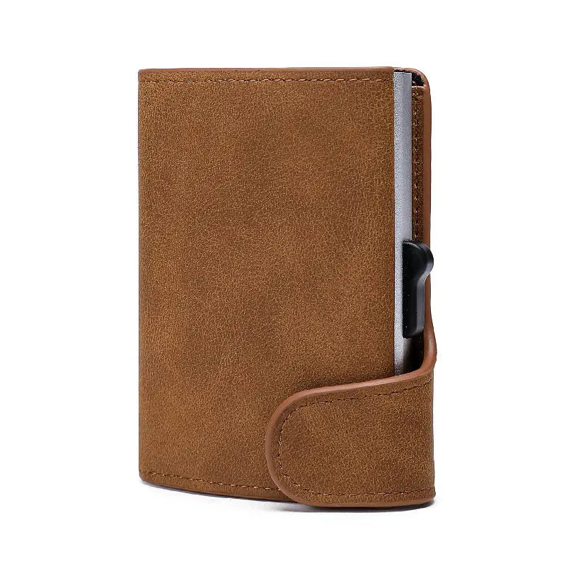 Brown suede Crazy Horse leather metal card case wallet with a metallic silver card slot and black magnetic closure.