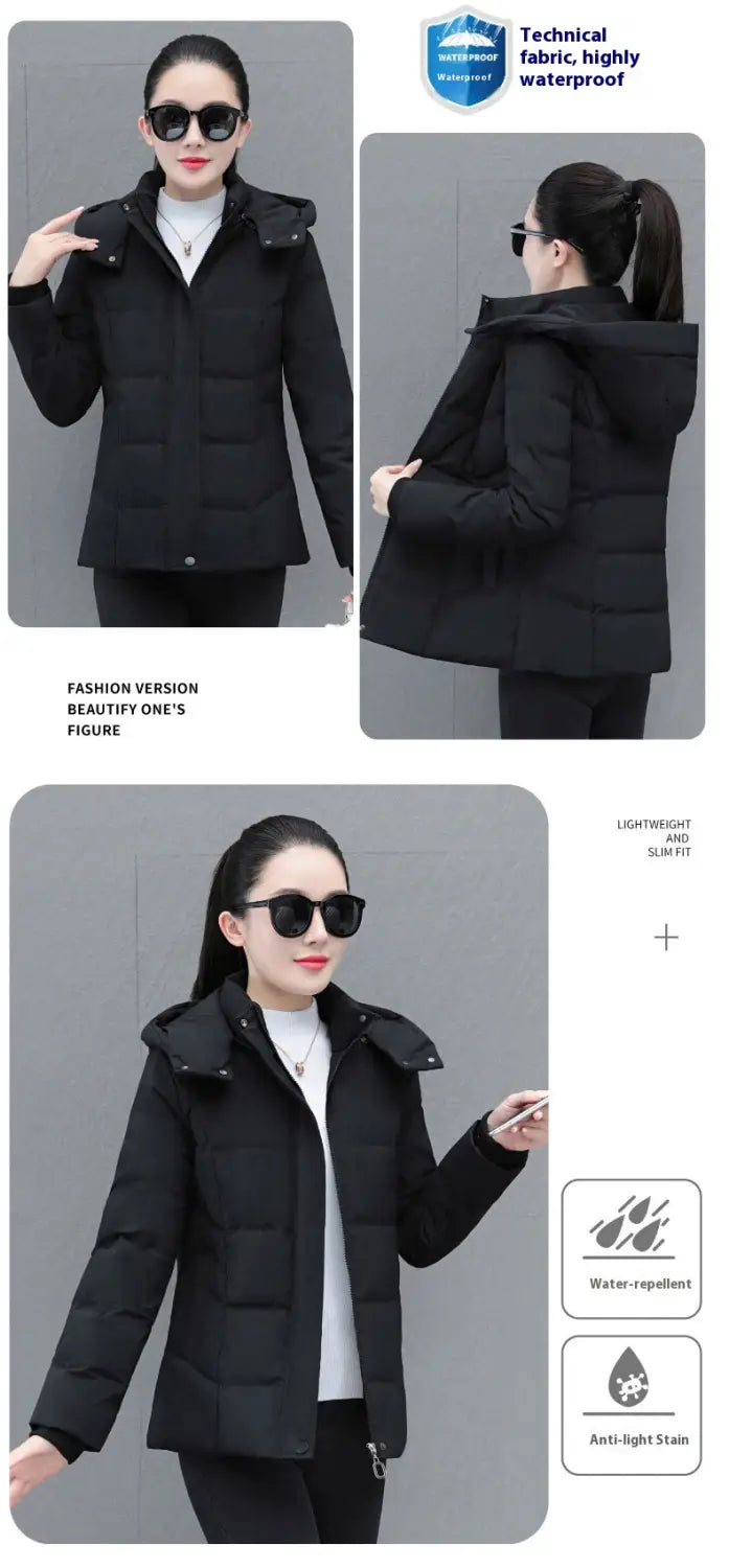 Chaqueta corta de plumón negra para mujer, abrigo acolchado corto, grueso y abrigador para el invierno, con capucha, confeccionada con tejido técnico, presentada desde la parte trasera