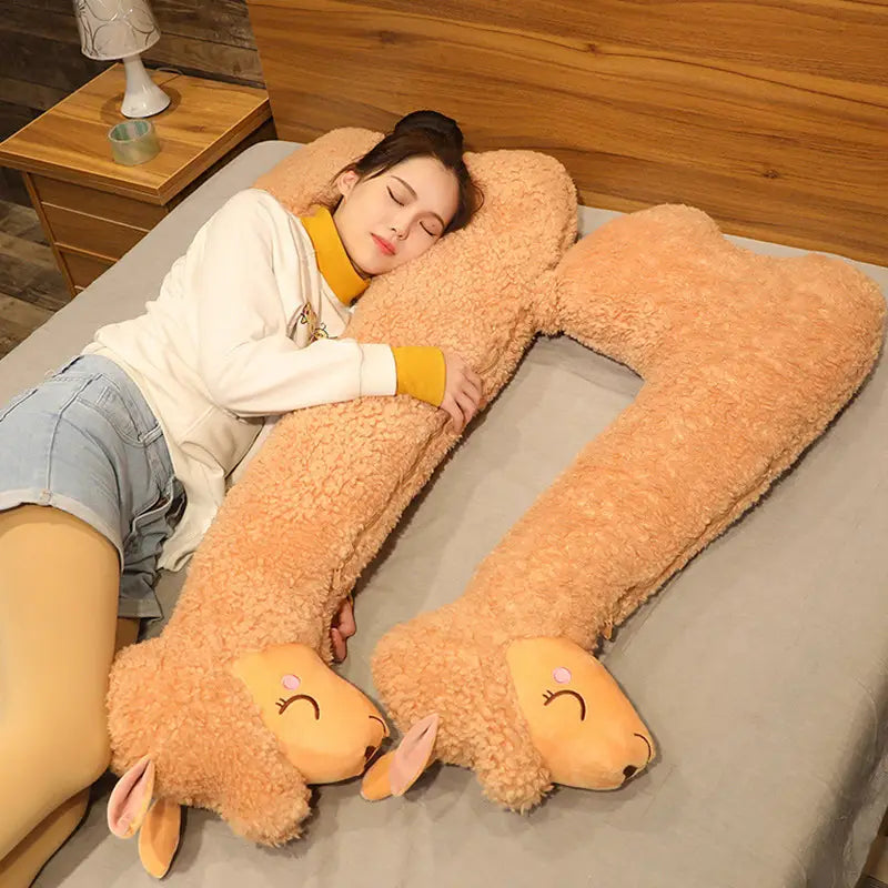 Soft tan-colored plush alpaca-shaped body pillow with embroidered facial features and floppy ears large white stuffed animal 75cm